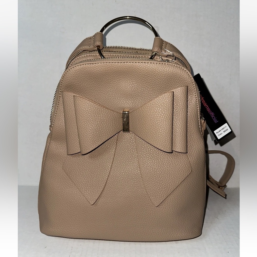 NWT Crossi Jasmine Ring Double Bow Backpack Beige Pebbled Faux Leather Purse